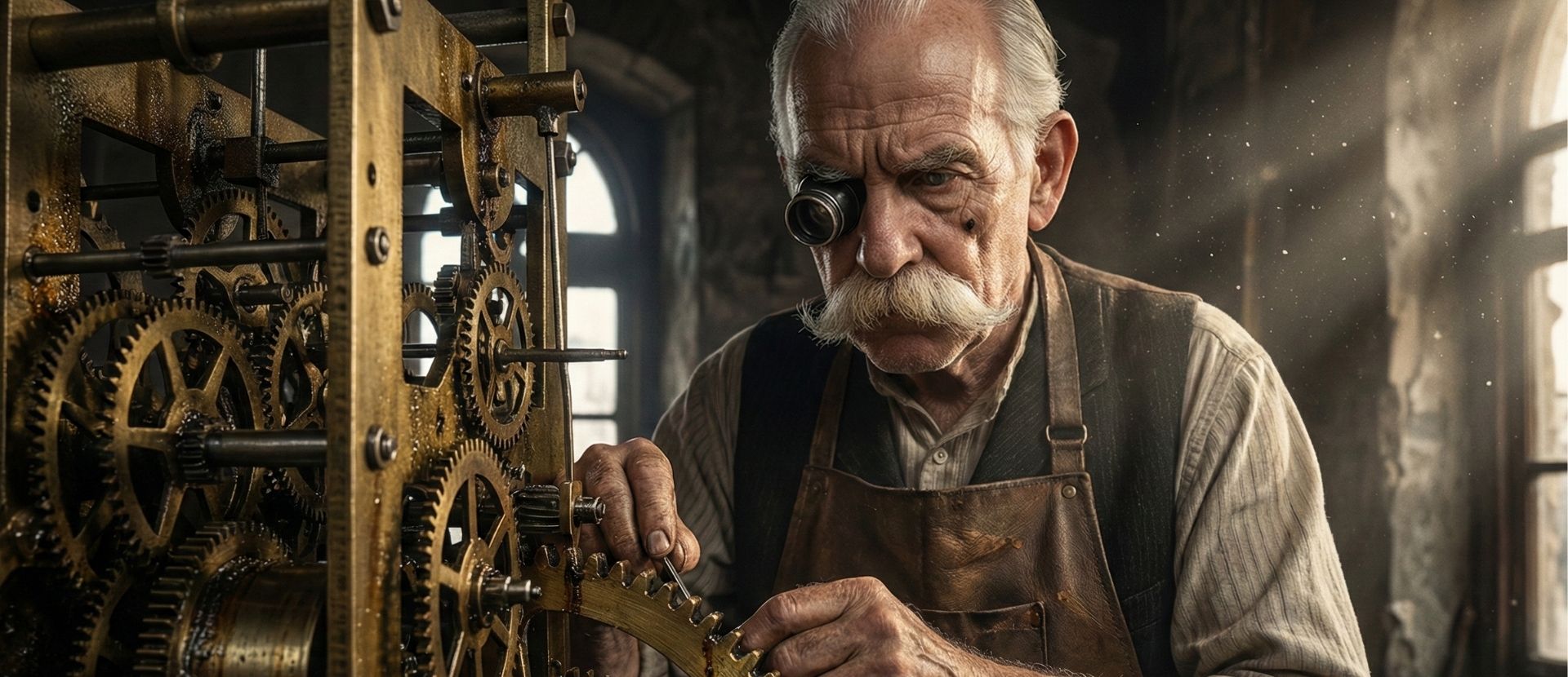 Master Watchmaker repairing a tower clock mechanism